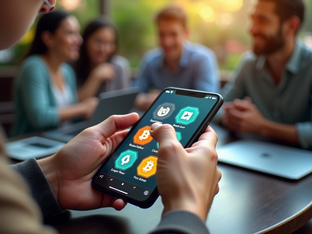 Person using smartphone with cryptocurrency apps, friends in background at a cafe.