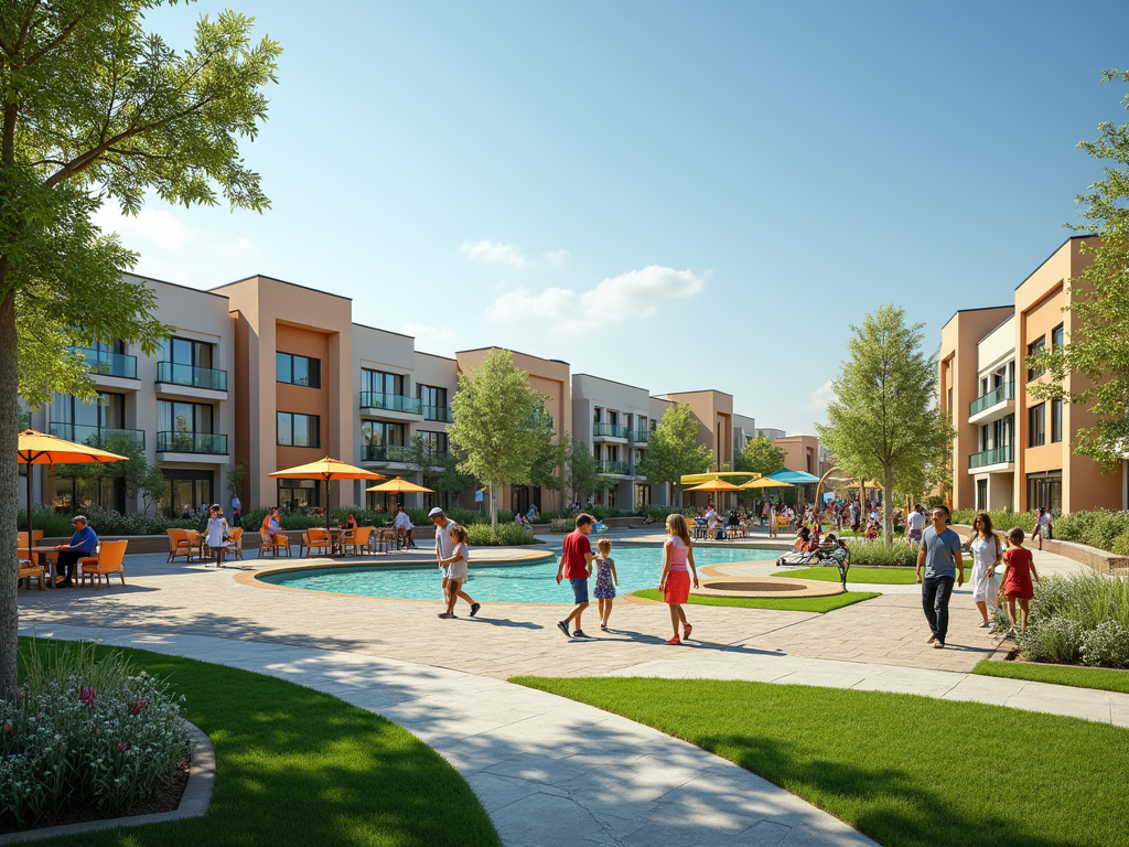 Lively community outdoor space with people walking and socializing around modern buildings and a pool.