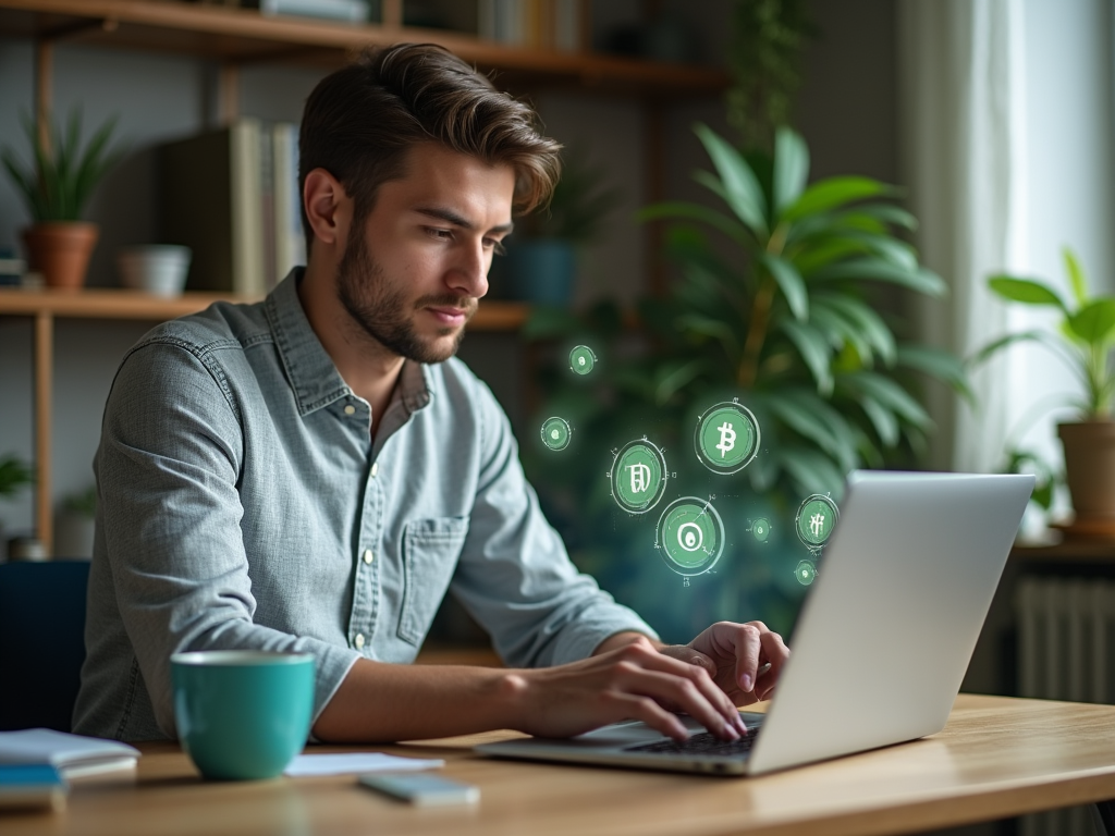 Man working on laptop with digital icons of cryptocurrency floating above the screen in a cozy home office.