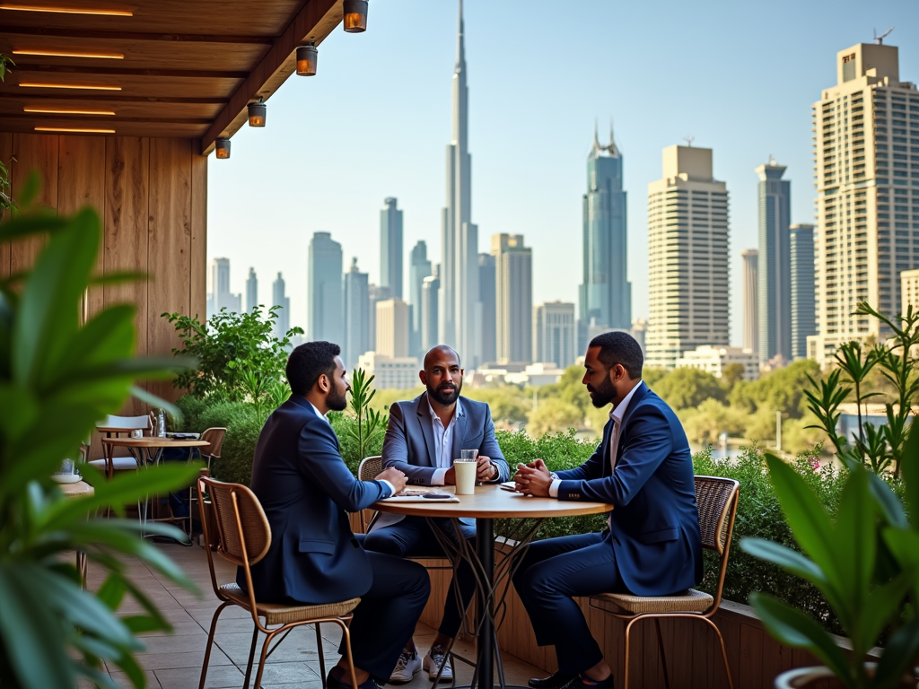 Three businessmen having a meeting at an outdoor cafe with Dubai skyline in the background.