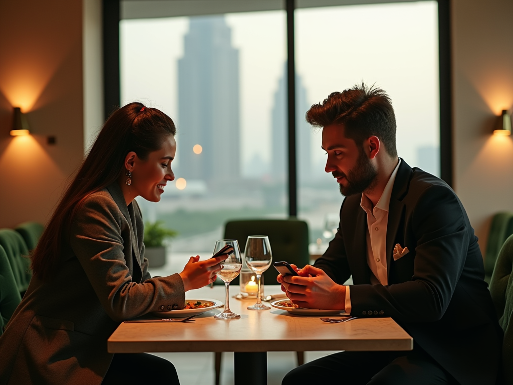 A man and a woman dining in a stylish restaurant with city views, both engaged with their smartphones.