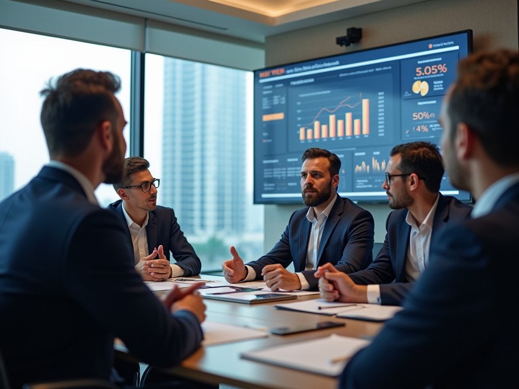 Businessmen in suits discussing financial data shown on screen in a modern office.