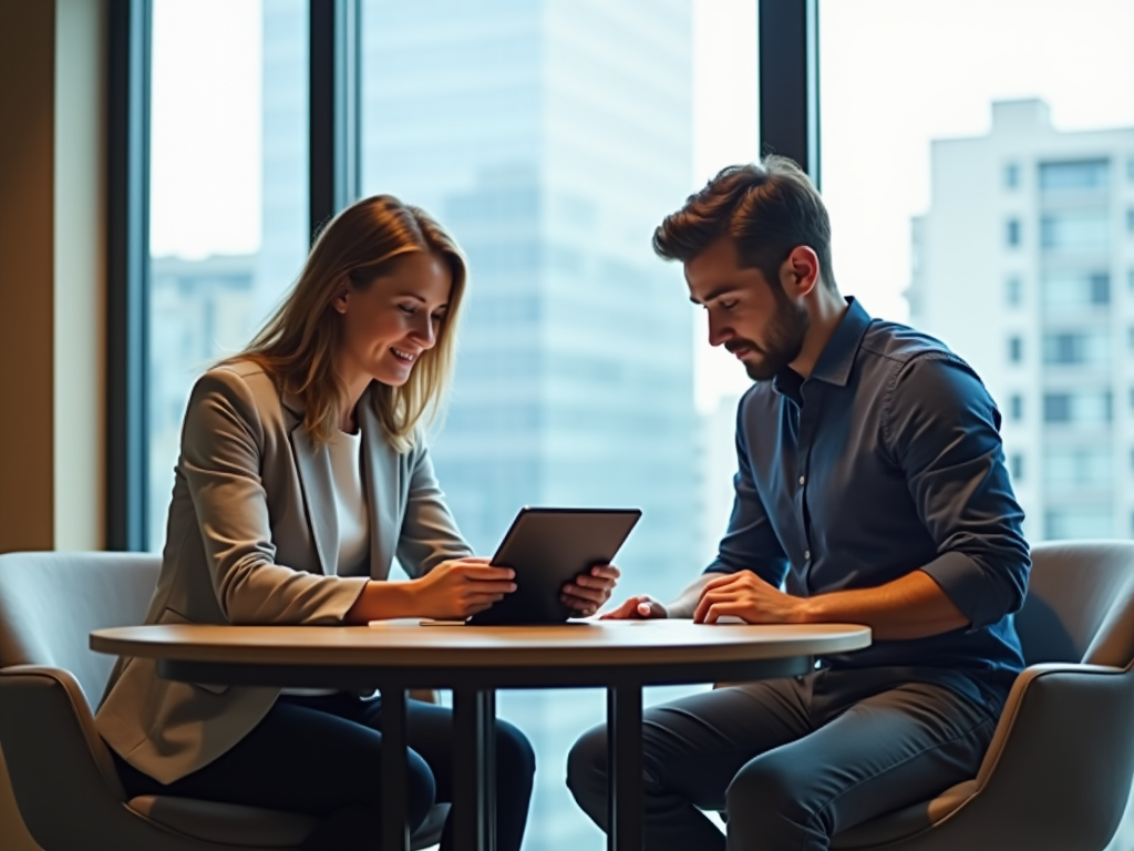 Two professionals working together on a tablet in a modern office setting.