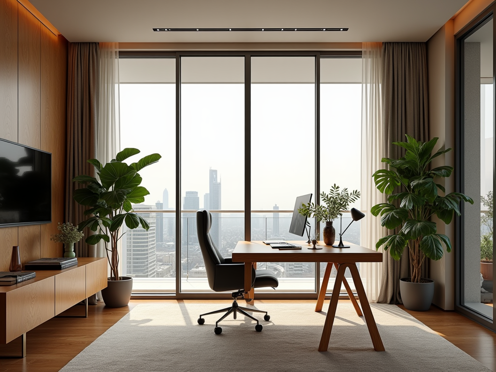 Modern home office with large windows overlooking the city, wooden furniture, and indoor plants.