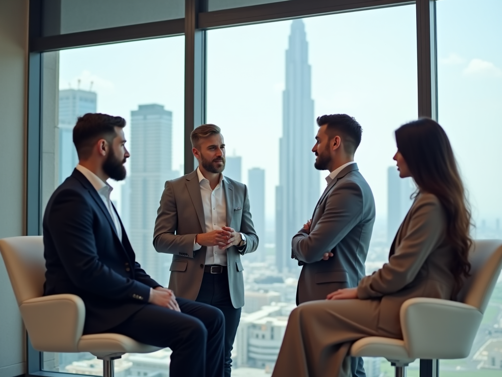 Four business professionals discussing in a modern office with cityscape view.