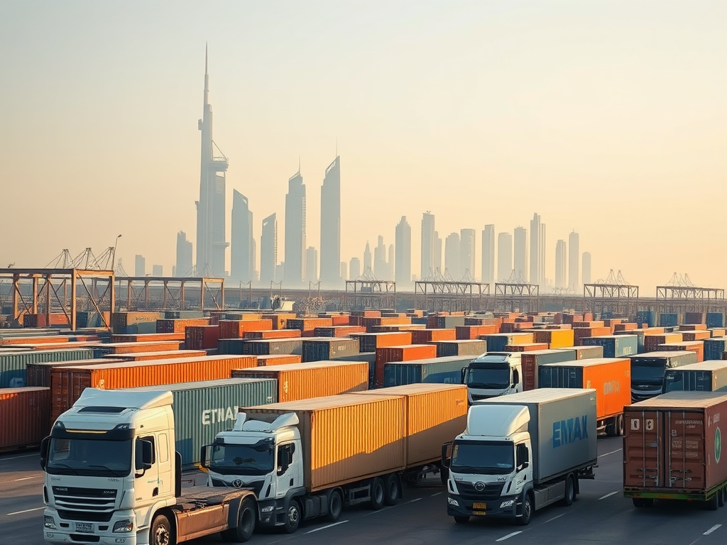 Trucks parked near colorful shipping containers, with a skyline of tall buildings in the hazy background.