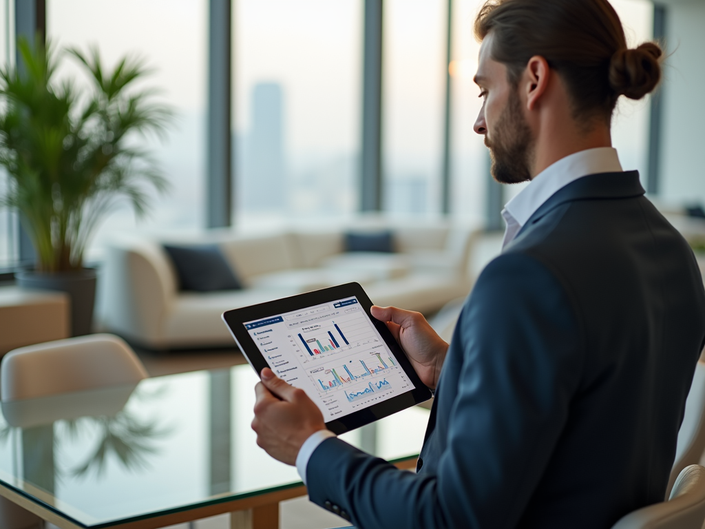 Businessman in modern office reviewing graphs on tablet.