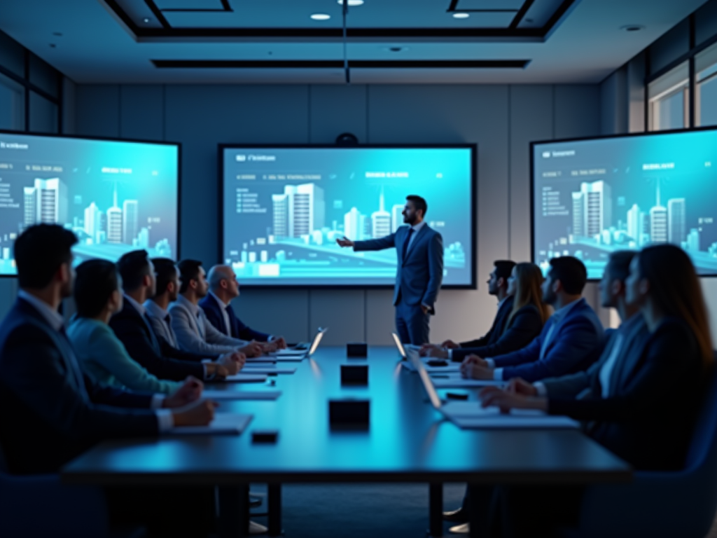 Man presenting to attentive audience in darkened conference room with digital screens.