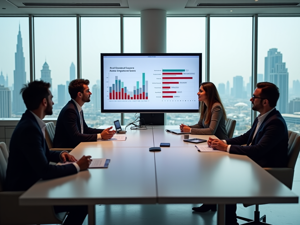 Business professionals discussing charts on a screen in a modern office with city view.