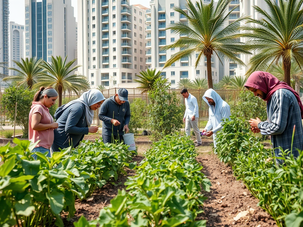 A diverse group of people tending crops in a garden surrounded by tall buildings and palm trees.