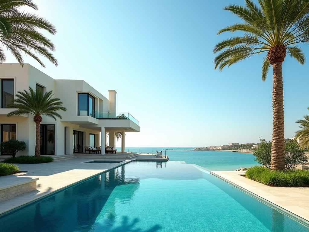 Modern luxury beachfront villa with an infinity pool, palm trees, and a panoramic sea view.