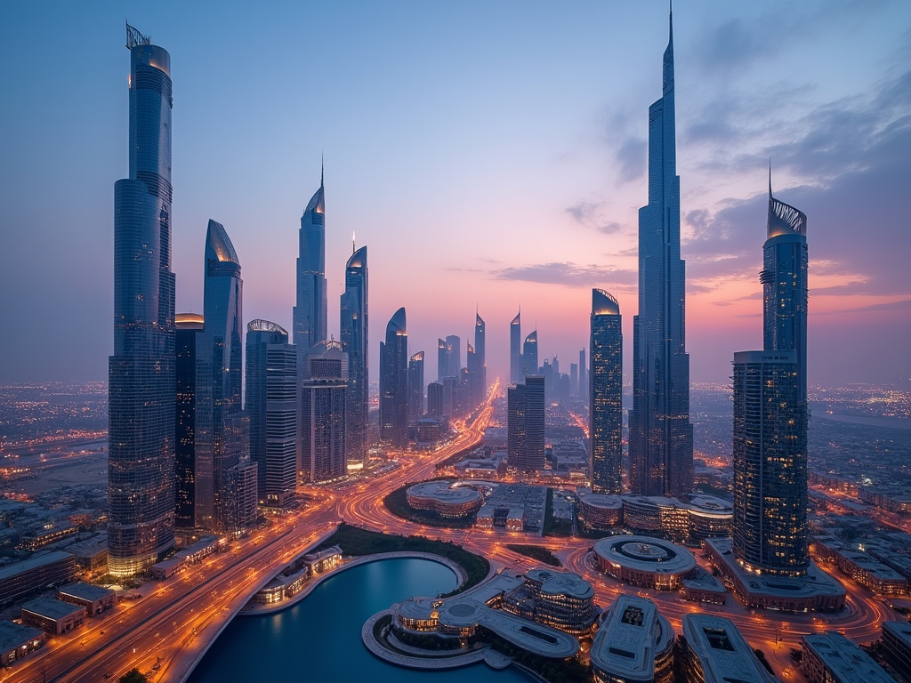 Dusk over a modern city skyline with illuminated skyscrapers and busy traffic.