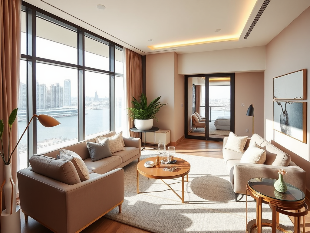 Bright, modern living room with large windows, stylish furniture, and a view of the water and city skyline.