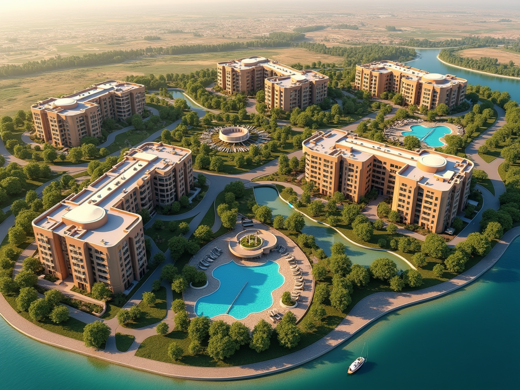 Aerial view of a luxury housing development with multiple buildings, pools, and landscaped gardens surrounded by a river.