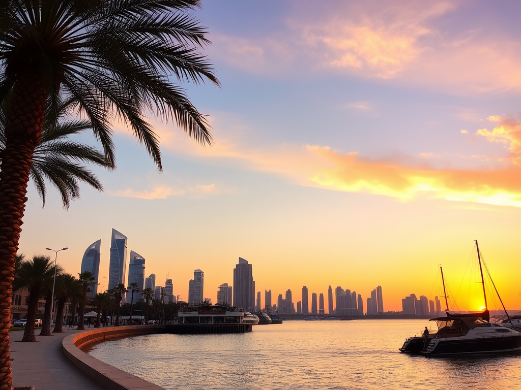 A serene sunset view over a waterfront with palm trees and modern skyscrapers in the background.