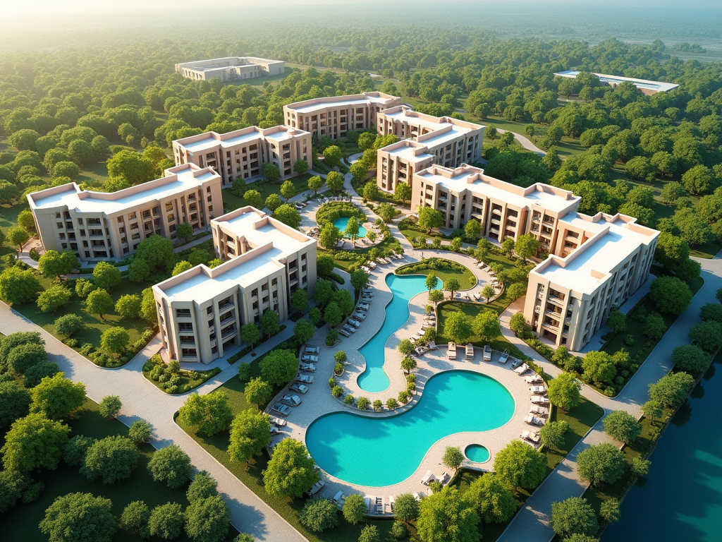 Aerial view of a luxury resort with multiple buildings surrounding a serpentine pool, nestled in a lush green landscape.