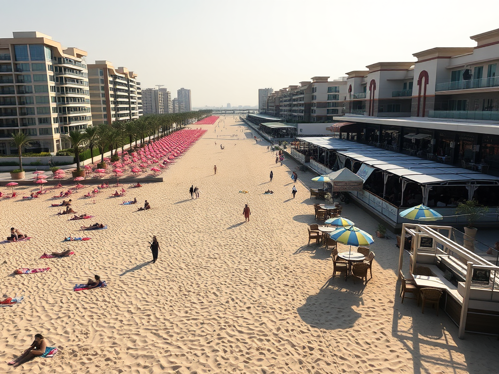 A beach scene featuring people lounging on sand, colorful umbrellas, and nearby buildings and restaurants.