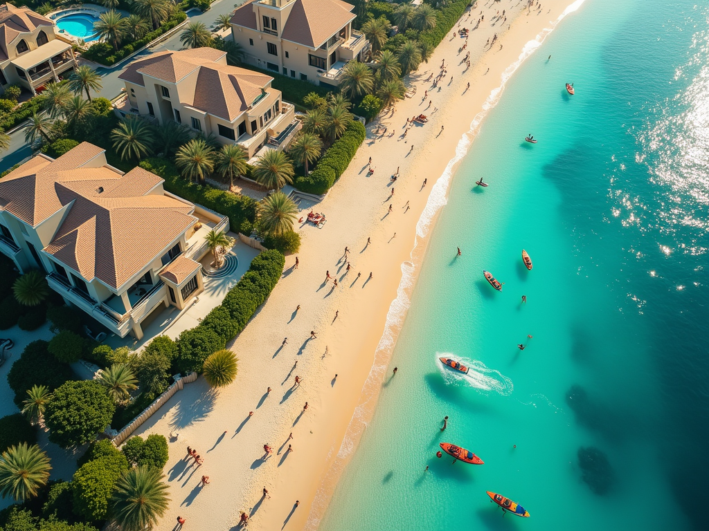 Aerial view of a stunning beach with turquoise waters, boats, palm trees, and luxury beachfront houses.