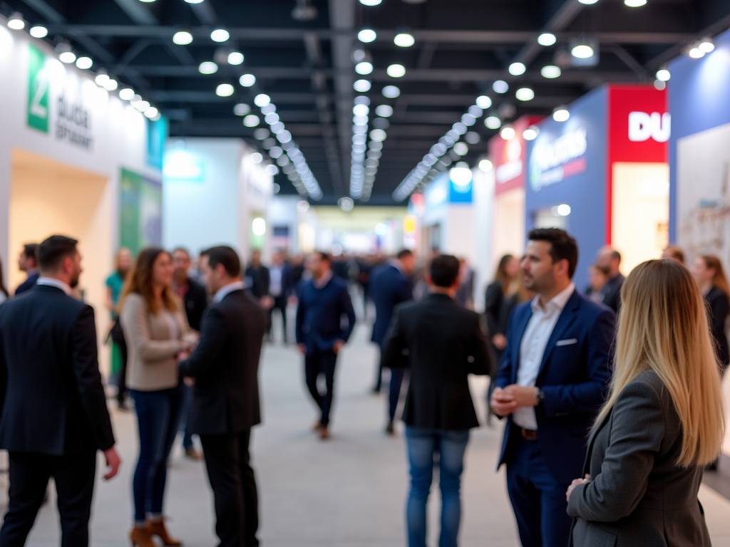 People networking in a busy expo hall with illuminated banners and booths.