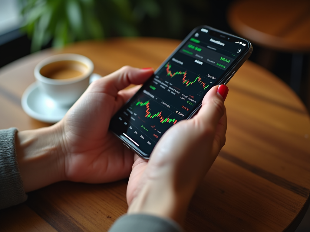 Person checking stock market app on phone at a cafe table with a cup of coffee.