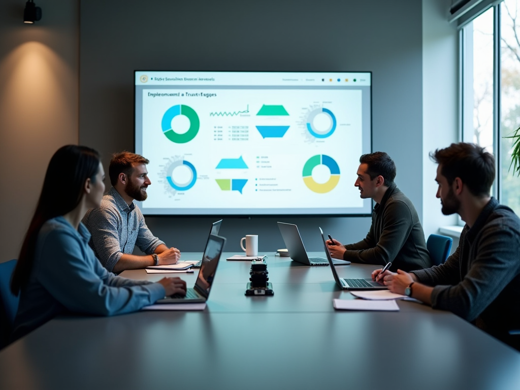 Four professionals discussing charts on a screen in a modern office setting.