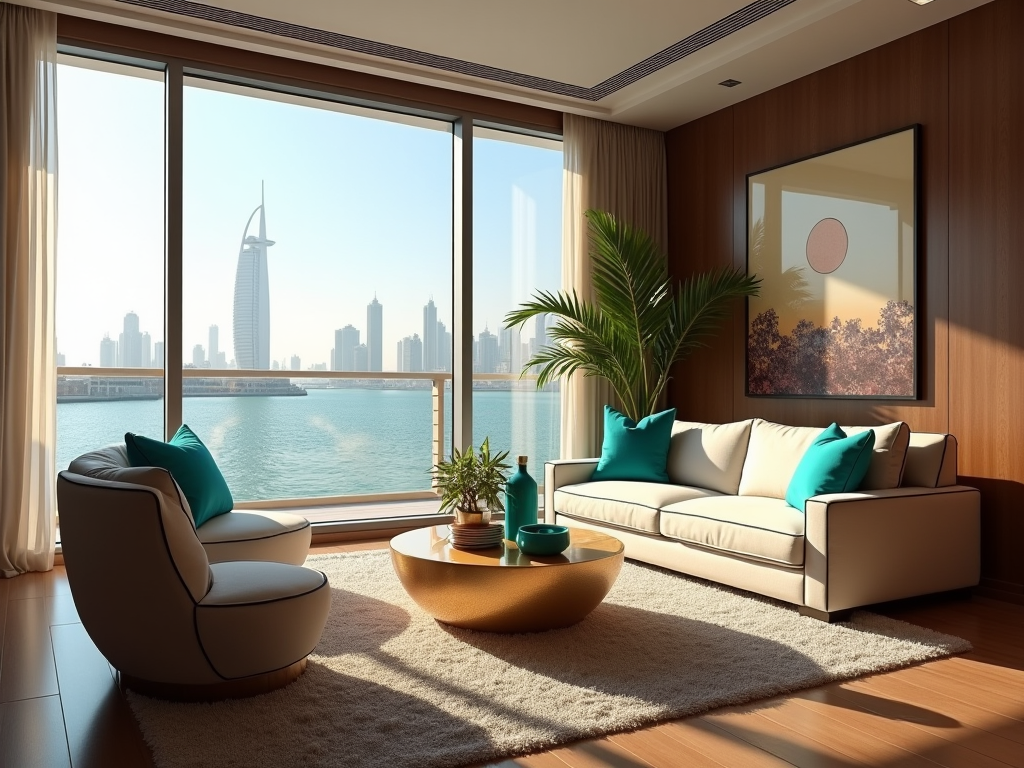 Modern living room with large windows showing city skyline and water views, stylish furniture and indoor plants.