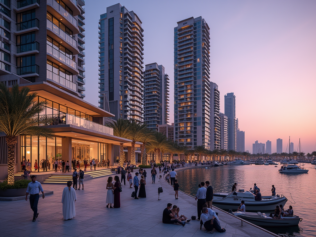 Waterfront area with people, boats, and modern high-rise buildings at dusk.