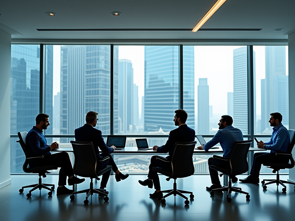 Four businessmen in a meeting room with large windows overlooking city skyscrapers.