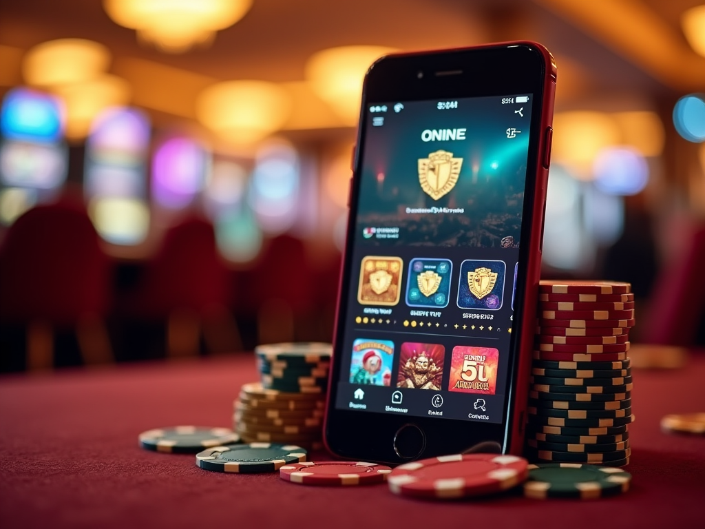 Smartphone displaying casino game app placed next to stacks of poker chips in a casino-like setting.