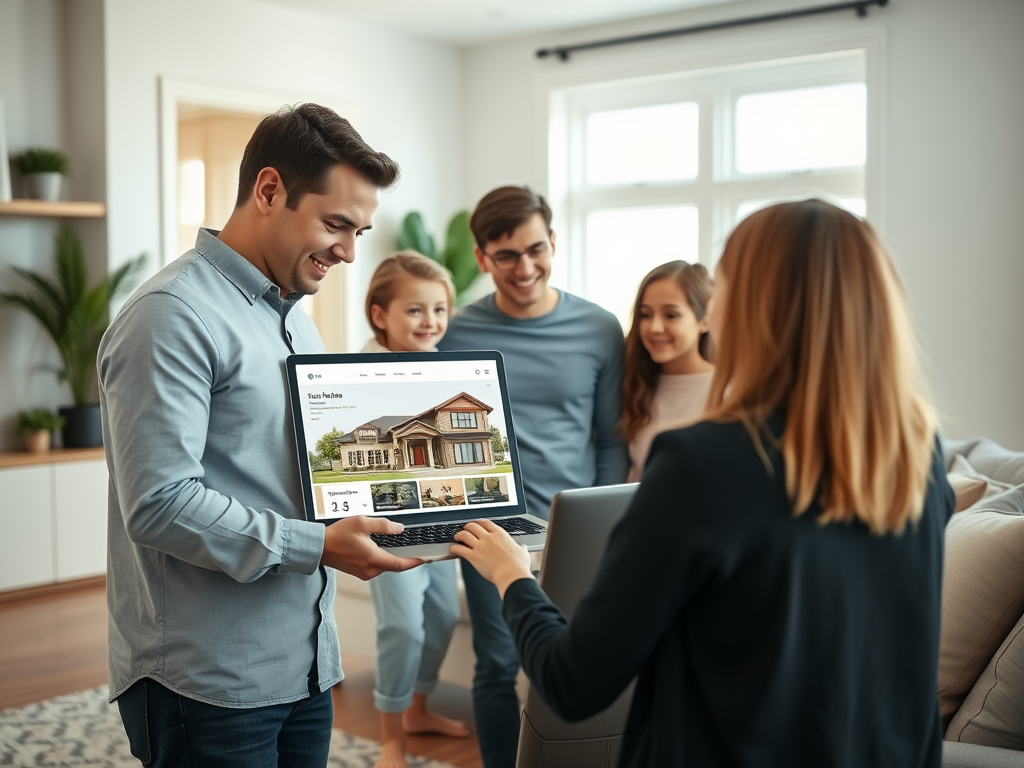 A man shows a laptop screen with a house listing to a woman and two children in a modern living room.