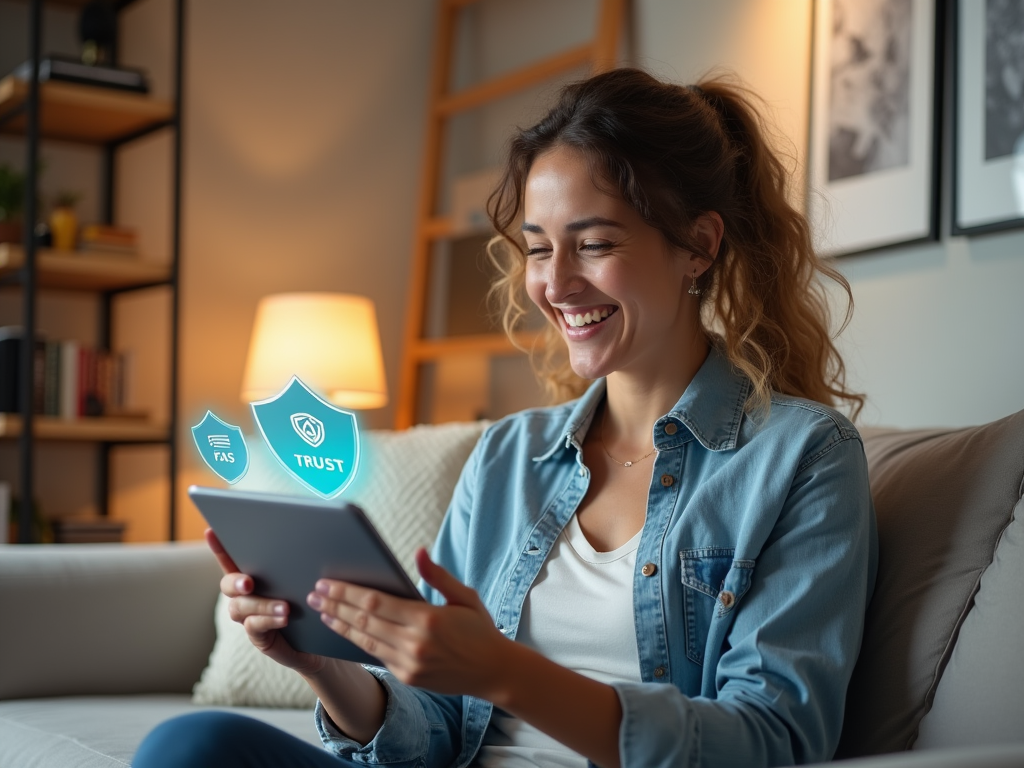 Happy woman using tablet with digital security icons, sitting on couch in cozy living room.