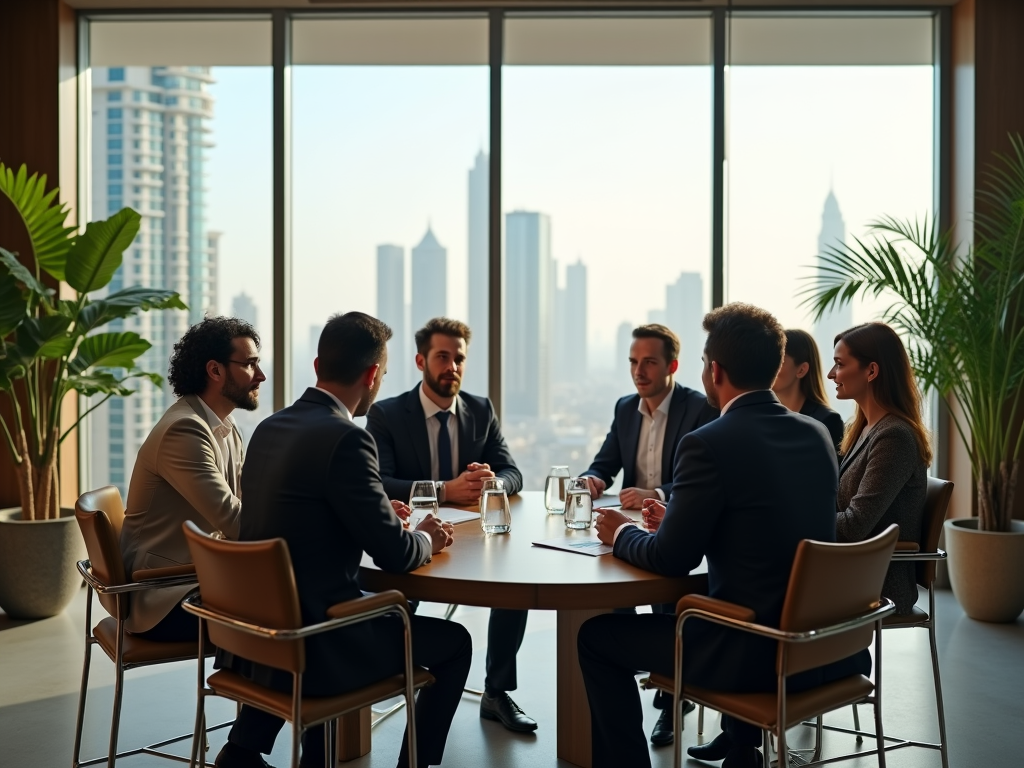 Business professionals in discussion at a modern office boardroom with a city skyline backdrop.