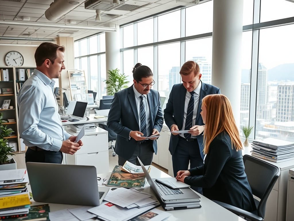 A group of four professionals discuss documents in a bright office with large windows and city views.