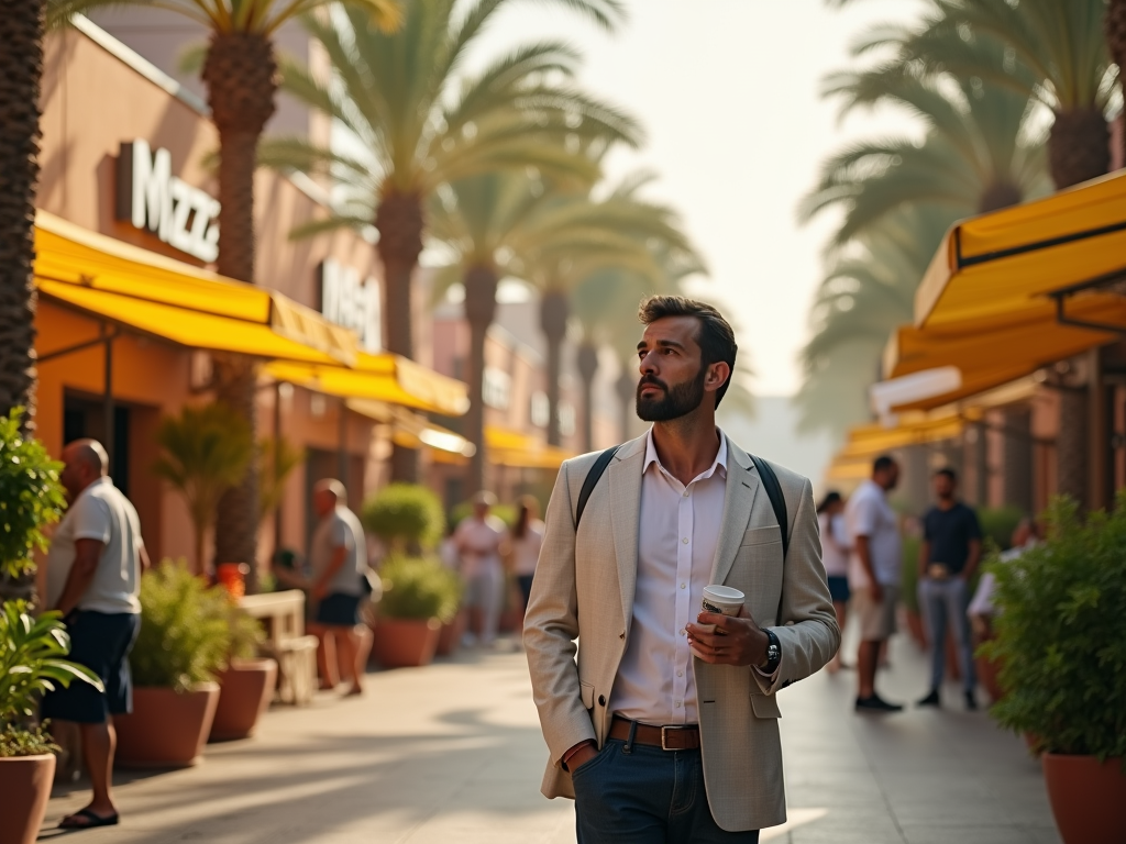 Man with coffee walking through a sunny street lined with palm trees and cafes.