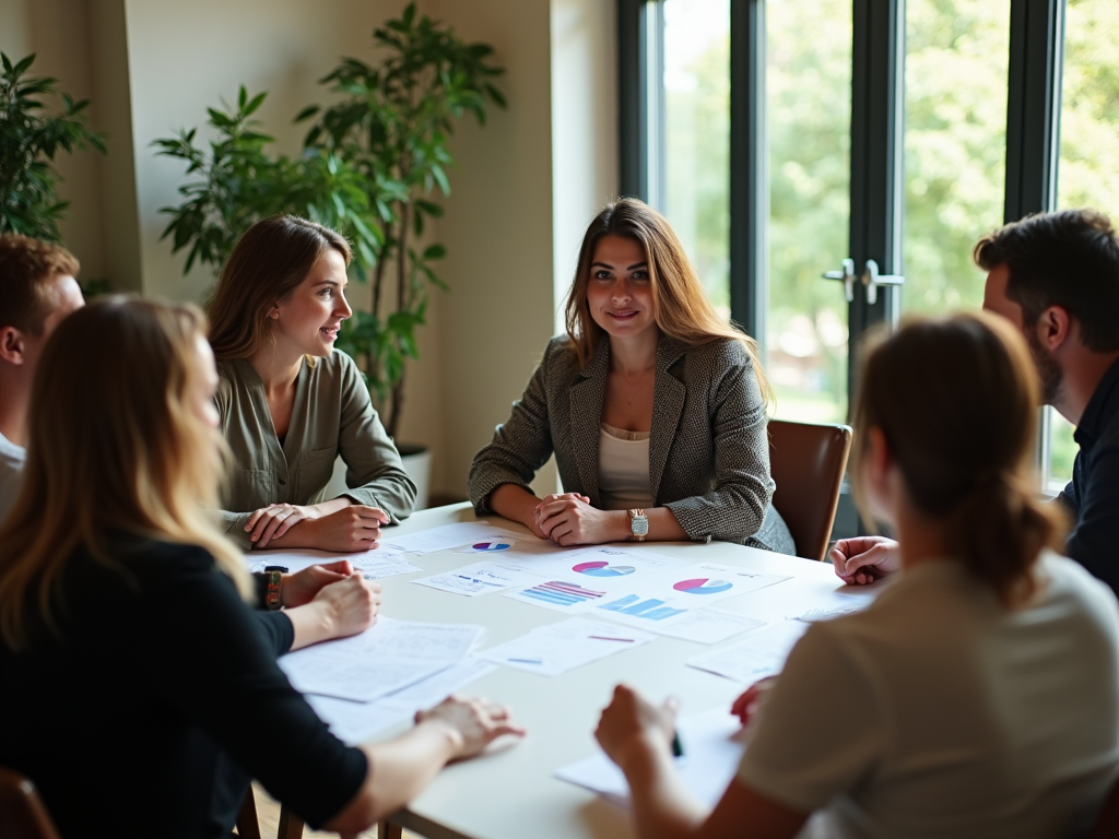 Group of professionals discussing charts in a well-lit meeting room.