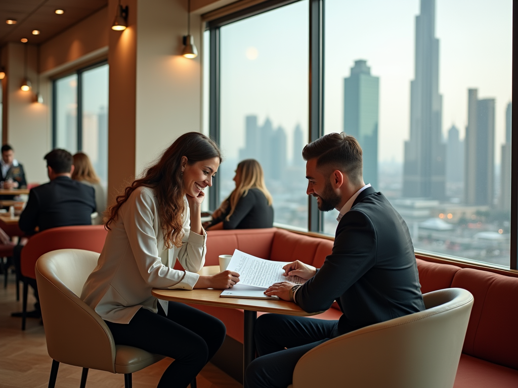 Man and woman discussing documents in a restaurant with city skyline view.