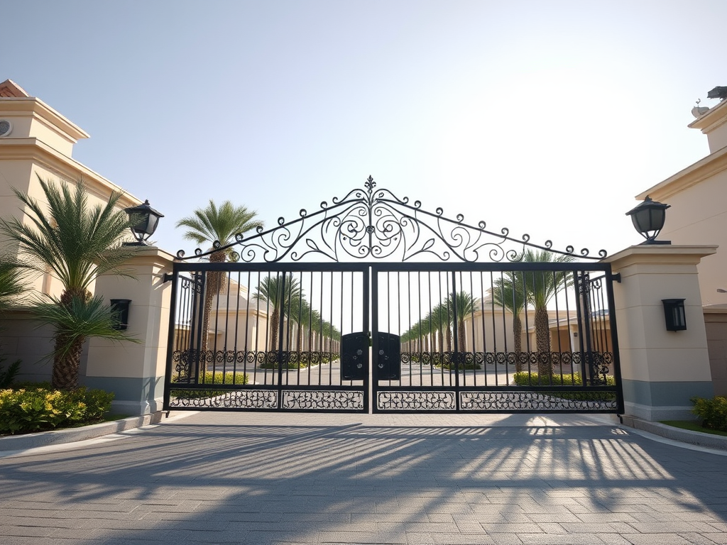 A grand decorative gate surrounded by palm trees, leading to a luxurious residential area under a clear blue sky.