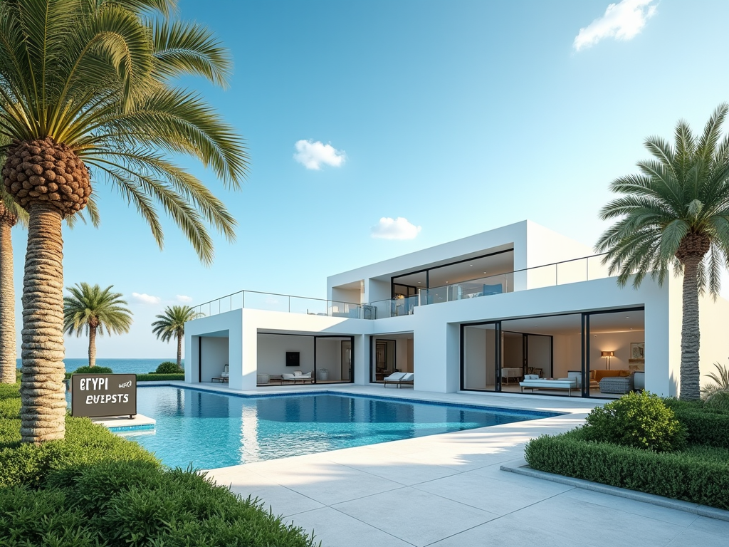 Luxurious modern mansion with swimming pool, palm trees, sea view, and clear blue sky.