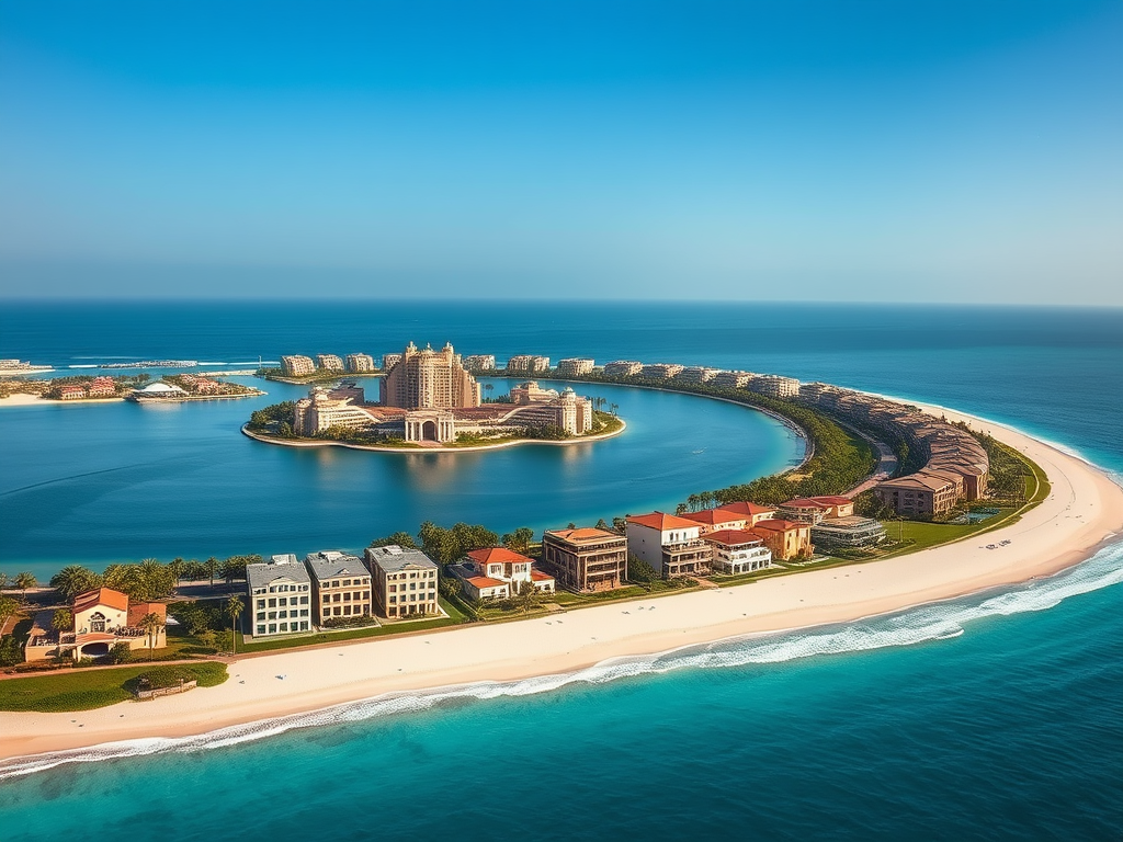 Aerial view of a luxurious resort on a curved coastline, surrounded by clear blue waters and sandy beaches.