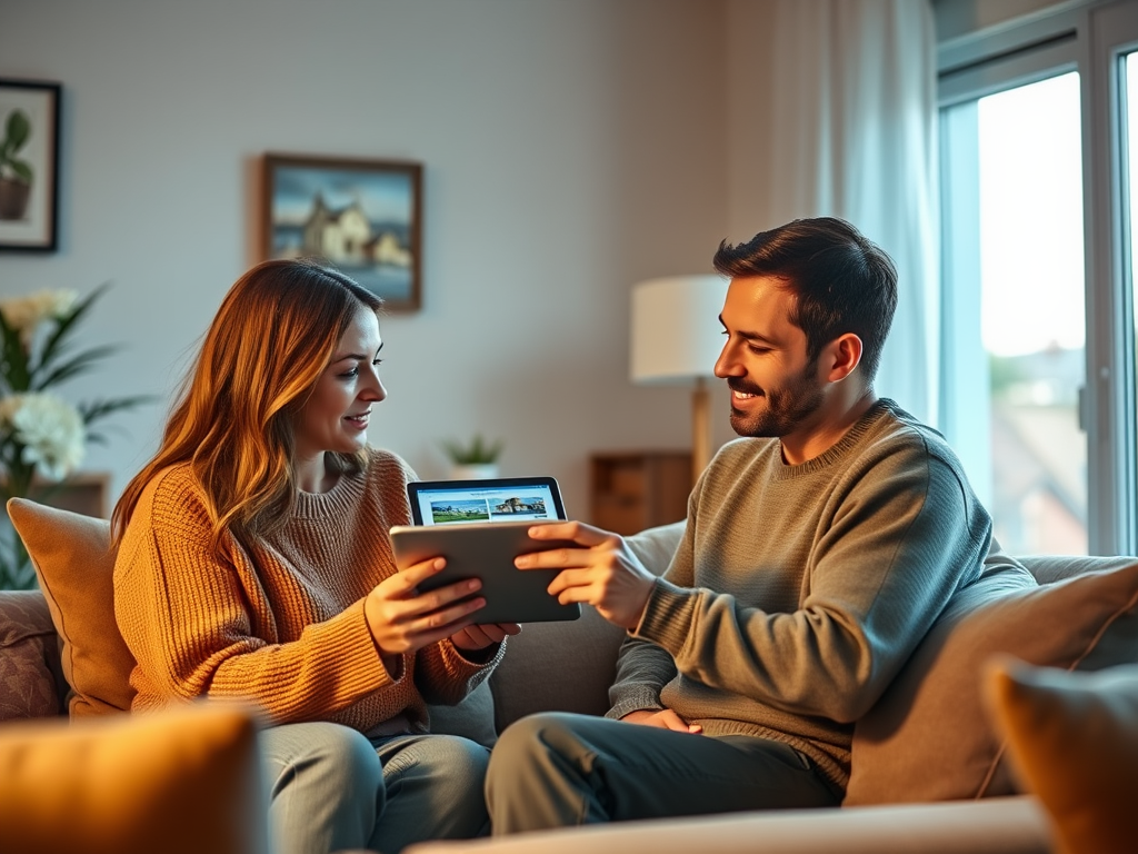 A man and woman sit on a couch, sharing a tablet, smiling and engaged in conversation in a cozy living room.