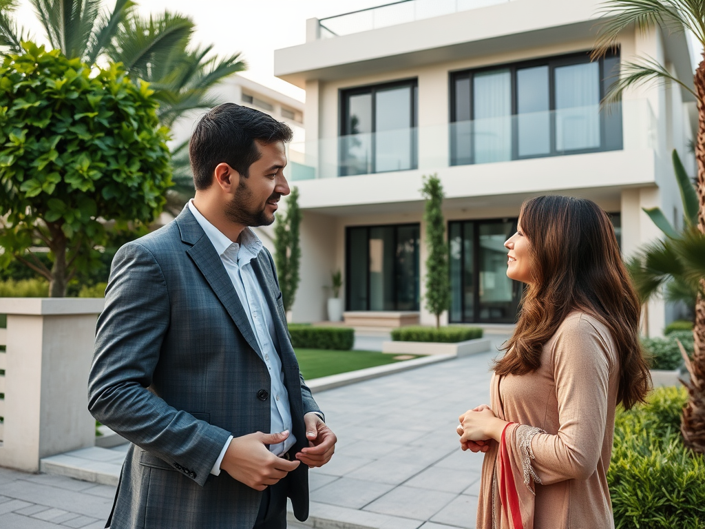 A man and a woman are engaging in conversation outside a modern house surrounded by greenery.