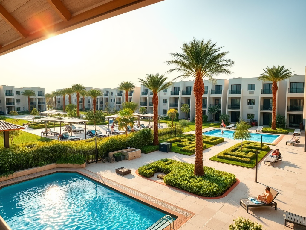 A sunny resort view featuring palm trees, pools, and landscaped gardens with lounging guests and modern buildings.