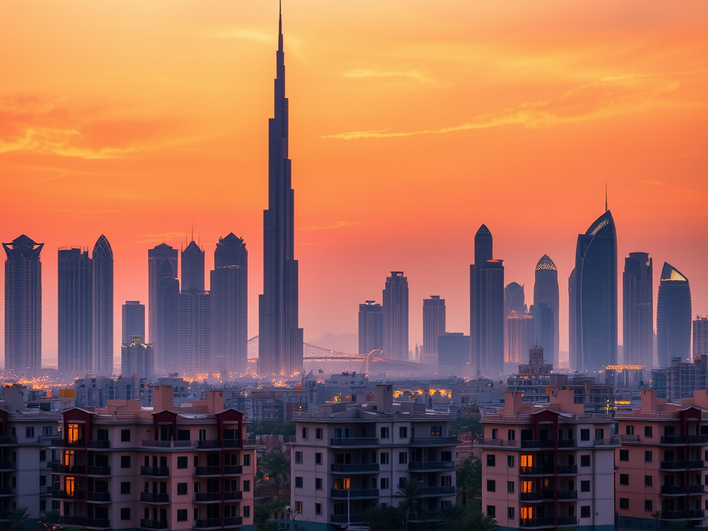 A stunning skyline at sunset featuring tall skyscrapers and the Burj Khalifa against an orange and purple sky.