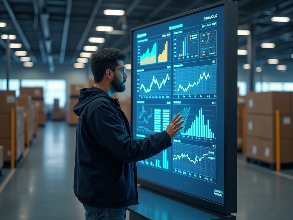 Man in warehouse analyzing data on a large digital screen displaying various charts and graphs.