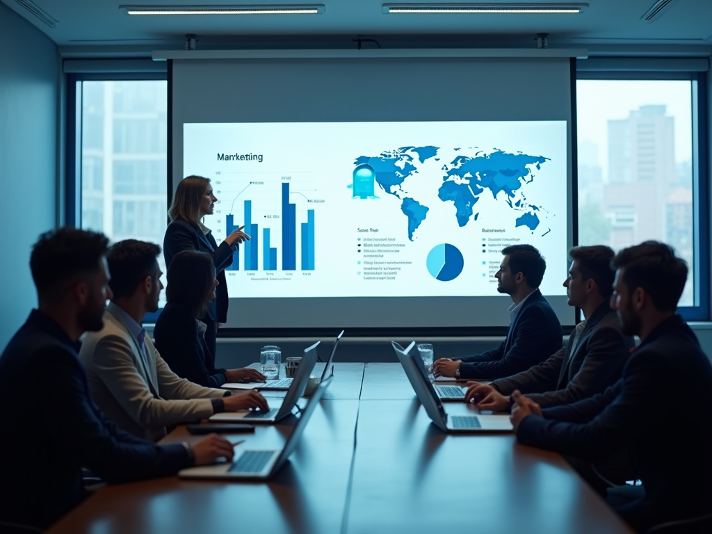 Woman presenting marketing data to colleagues in a conference room.