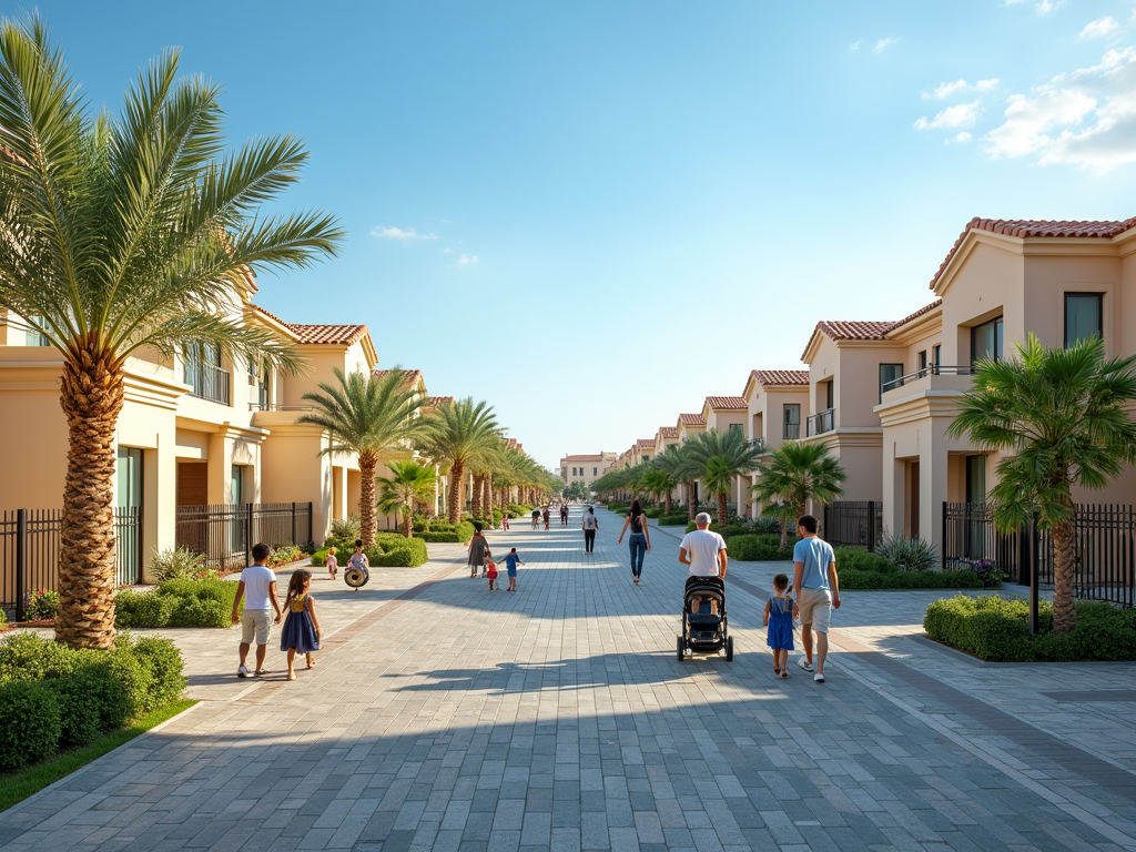 People walking along a palm-lined pathway in a residential area with Mediterranean-style homes.