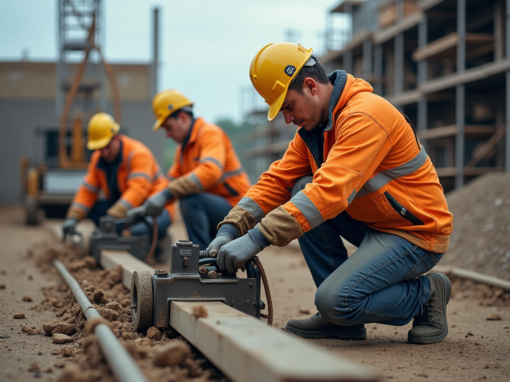 Three workers in orange and reflective jackets concentrate on railroad track installation.