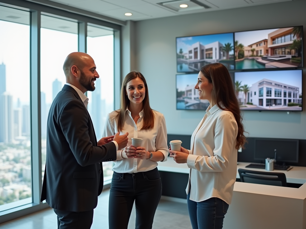 Three professionals conversing in an office with real estate displays in the background.