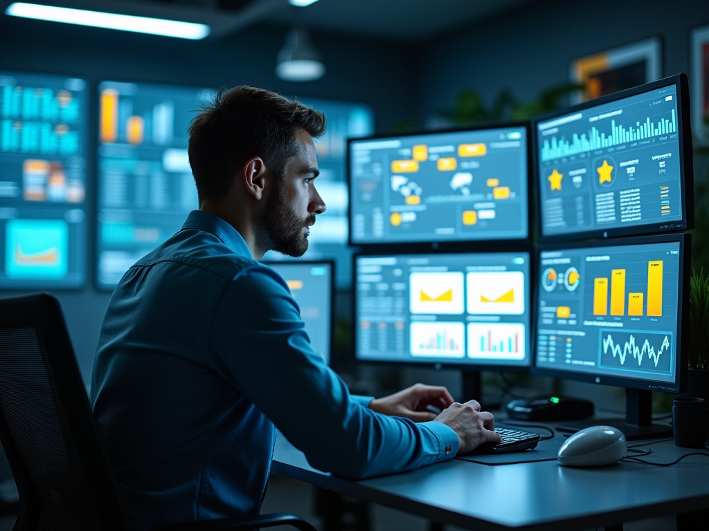 Man analyzing data on multiple screens in a dark, high-tech workspace.