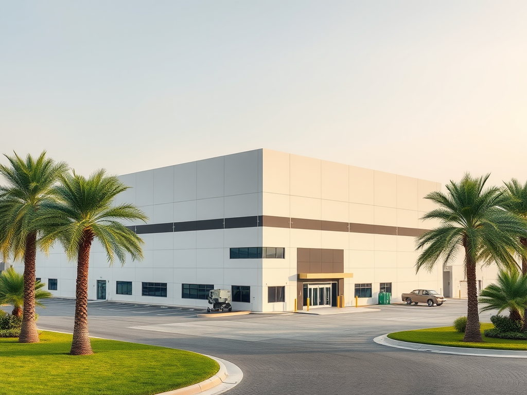 A modern warehouse building with palm trees in front, set in a spacious parking area. Clear sky in the background.